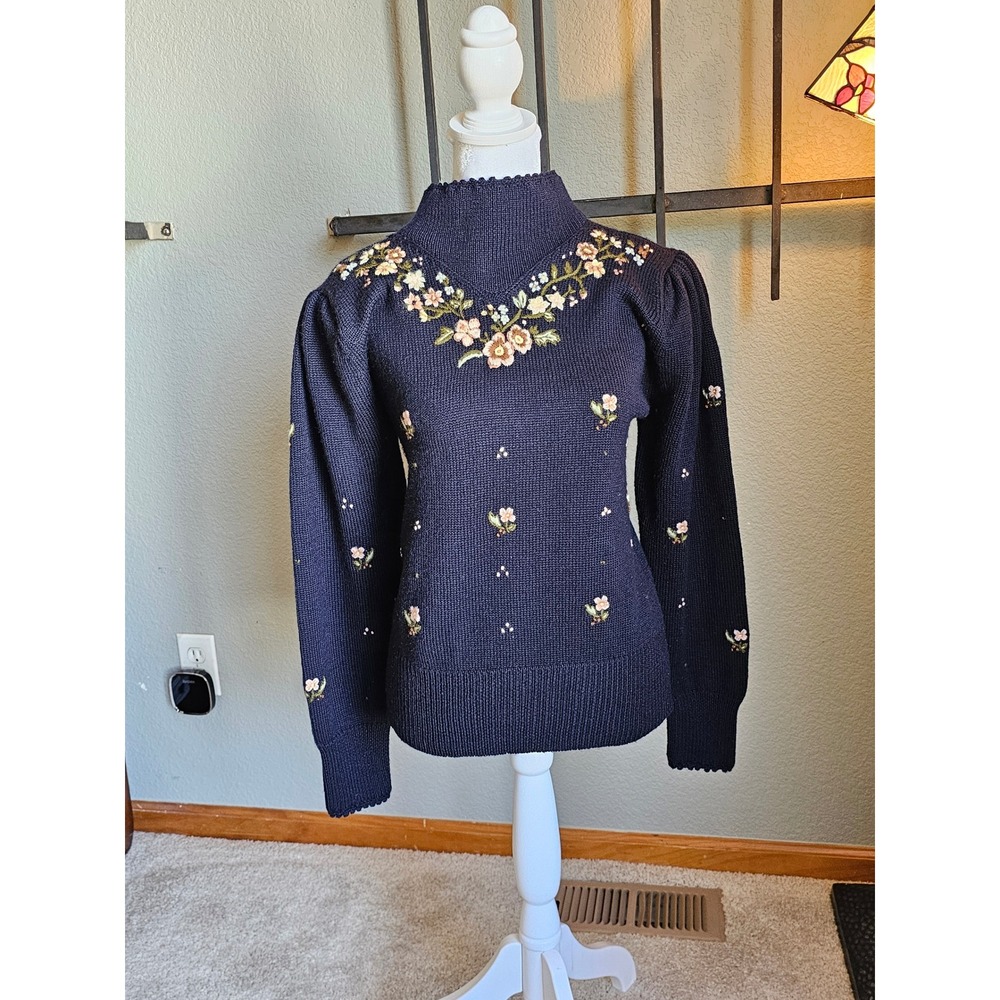 Vintage Herman Geist Navy Hand Embroidered Floral Wool Sweater M
